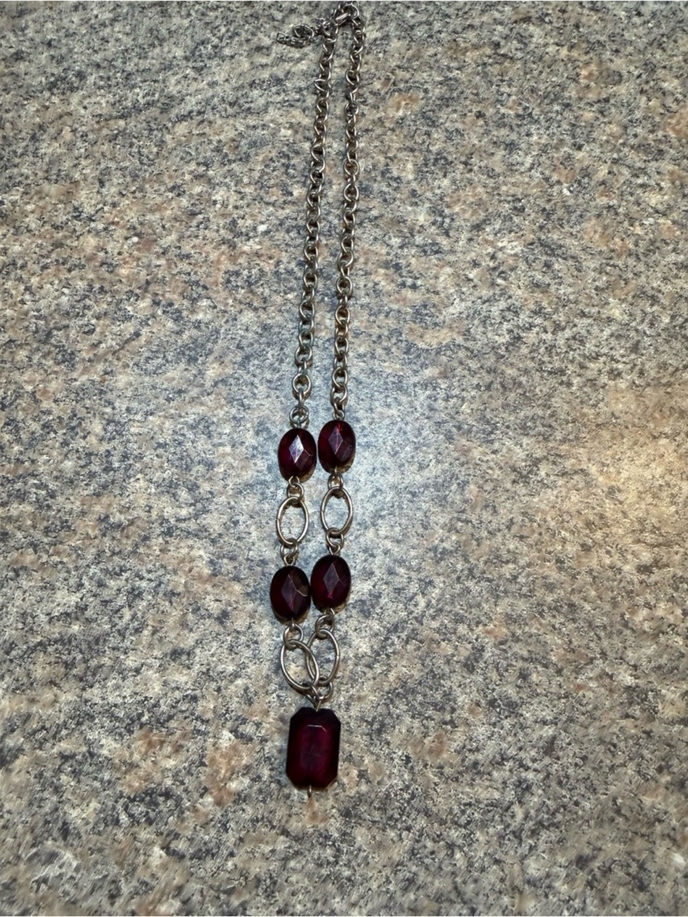 Women’s Silver-Tone Necklace with Deep Red Faceted Beads